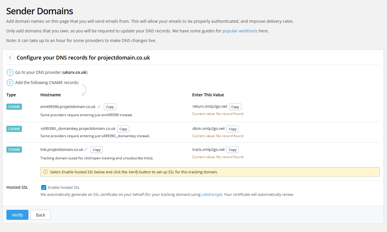SMTP2GO CNAME Settings alt text